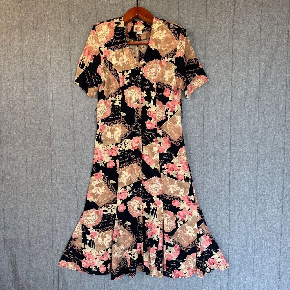 Vintage 1980s Katie MFG Victorian Photo Print Short Sleeves Long Midi Dress‎